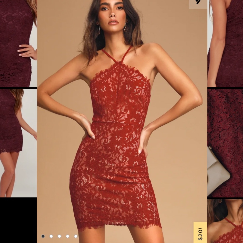 Wine Red Lace Halter Bodycon Mini Dress
